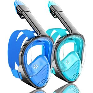 QingSong Full Face Snorkel Mask for Adults, Snorkeling Gear with Camera Mount, 180 Degree Panoramic View Snorkel Set Anti-Fog Anti-Leak (Large-X-Large, 2 Pack -Blue+Green)