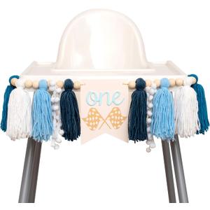 Fast One High Chair Banner - Race Car Highchair Banner, Racing First Birthday Yarn Tassel Decorations, Checkered Flag One Sign for Party, Cake Smash, Photo Prop (Blue)