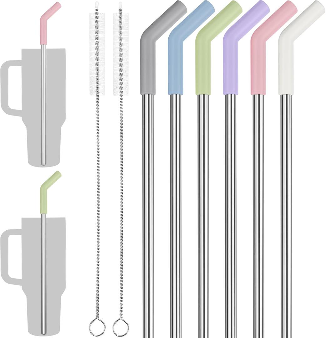 Tomorotec 6-Pack Multicolor Silicone Tip Stainless Steel Straws for 40oz Stanley Tumblers with 2 Cleaning Brushes, 12" Long BPA-Free Healthy and Safe for Outdoor & Home Use Enhances Drink Enjoyment