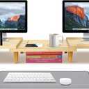 Dual Monitor Stand Riser - Solid Wood 3 Panels Laptop Riser with Storage for Phone/Mug - Home/Office Desk Organizer with Adjustable Length & Angle - Modern Computer Stand for PC, Laptop, & more (Natural)