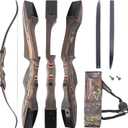 Recurved Wooden Takedown Archery Bow 62" Hunting Bow - Arrows Quiver Bag and Bow Stringer Tool Included - Right & Left-Handed 25-55 LBS Draw Weight, 35LB