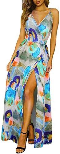 II ININ Women's 2025 Maxi Sundresses Summer Beach Long Wrap V-Neck Floral/Solid Casual Dress for Women Size M