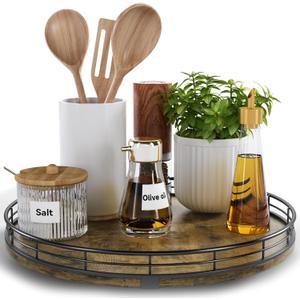 Lazy Susan Turntable Organizer for Table Top, 12 Round Wooden Lazy Susan for Cabinet Kitchen Countertop Pantry Dining Coffee Table for Condiments Spices, Rustic Bathroom Vanity Tray for Soap Candle