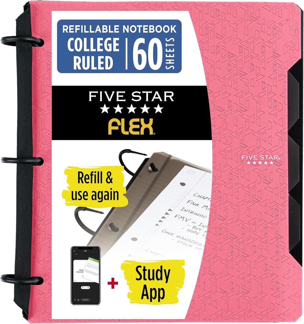 Five Star Flex Refillable Notebook + Study App 1 Inch O-Rings Binder with Pockets Tabs and Dividers, 220 Sheet Capacity, Includes 60 Sheets 8.5" x 11" College Ruled Paper, Prom Pink (293280R)