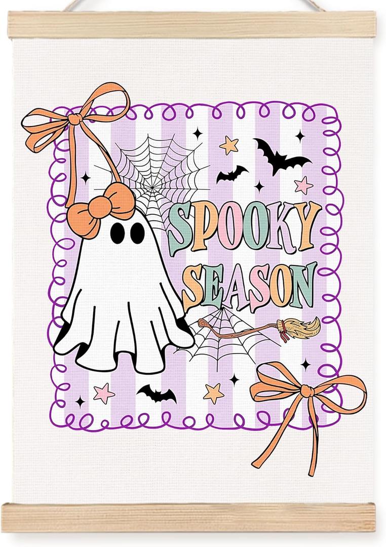 FDHSPAAM Coquette Bow Halloween Ghost Wall Art Decor, Preppy Halloween Decor, Spooky Season Cute Ghost Bats Spider Web Wall Art Posters for Girls Room Bedroom Dorm Apartment, 12x16 Inch (Ghost and Letters)