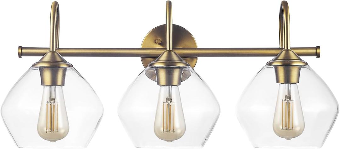 Globe Electric 63000103 26" 3-Light Vanity Fixture, Brass Finish, Clear Glass Shades, Beauty Room Accessories, Bathroom Lighting Over Mirror, Makeup Lights, Wall Light, Home Essentials, House Dcor, 11.37 inches