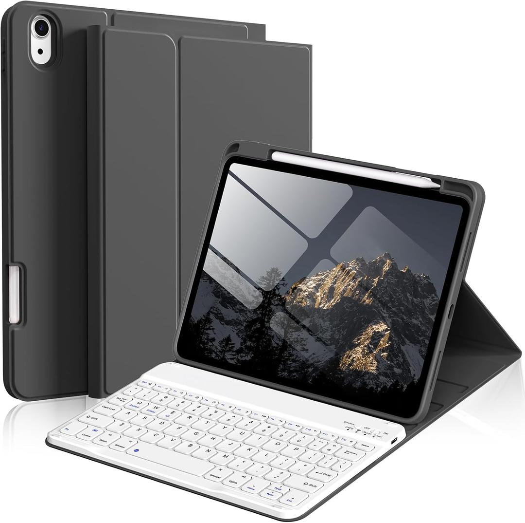kenke for iPad 11/10th Gen Case with Keyboard 11/10.9 inch 2025 A16/2022, Detachable Wireless Bluetooth Keyboard Case with Right Side Pencil Holder, White Square Keycaps (Black