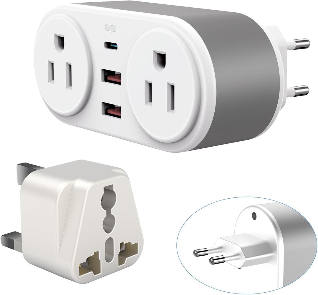 European Travel Plug Adapter for Europe & UK, PD 20W Fast Charger with 2 Outlets 3 USB Charging Ports, CHUAFIUR US to Europe Plug Adapter to UK EU Ireland Italy Israel Spain France Travel Essentials