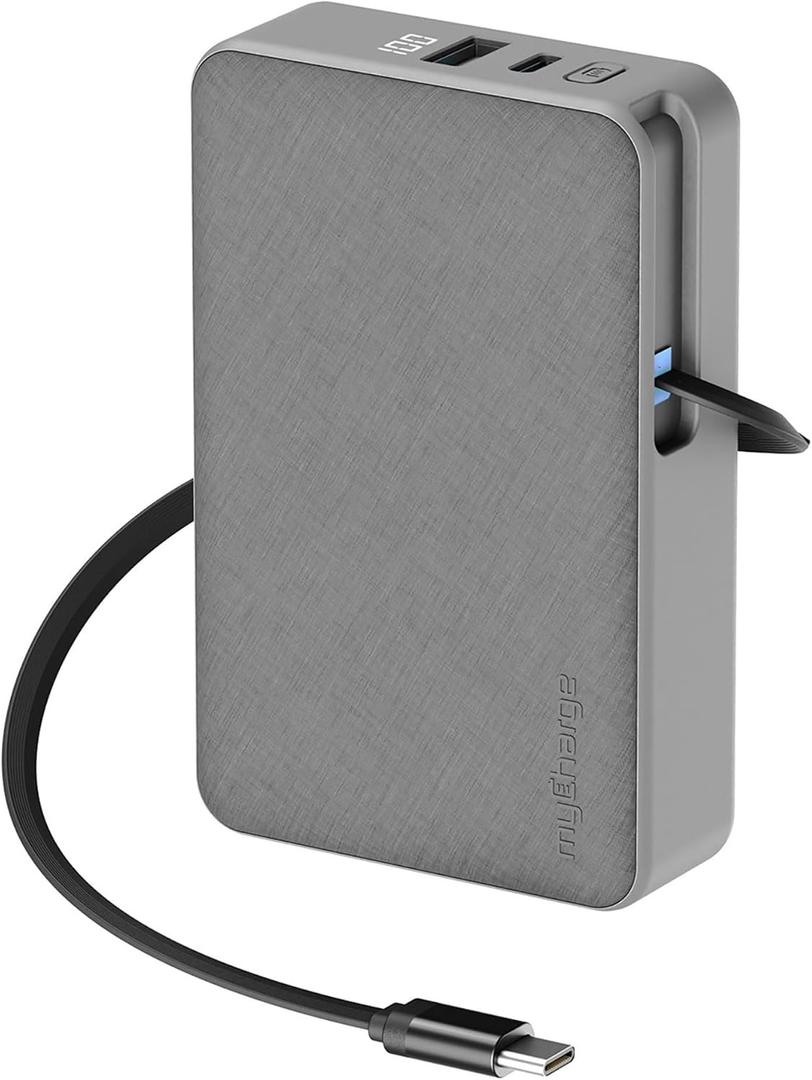 myCharge RetractaCharger 10000mAh Power Bank – 28" Retractable USB-C Cable | 30W PD Fast Charging | Digital Battery Display | USB-C/A Ports | Up to 60 Hrs Extra Power | Premium Grey Fabric
