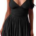 eoeoo Women's Sexy V Neck Ruffled Hem Mesh Sleeveless Ruched Spaghetti Strap Flowy Mini Dress (Black, S)