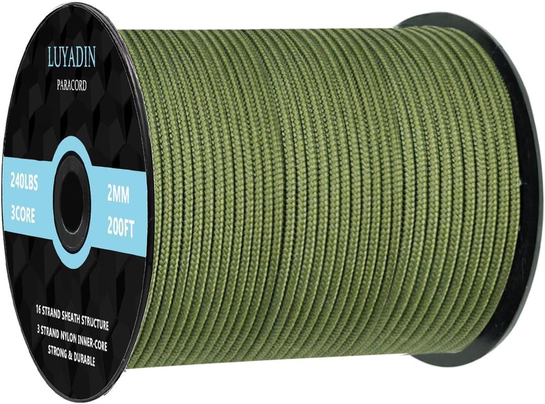 Paracord 240lb - Diameter 2mm Micro Utility Cord -3 Strand Parachute Spool Cord - 100ft 200ft,Paracord for Camping,Hiking,Fishing,Outdoor and DIY (Army Green)