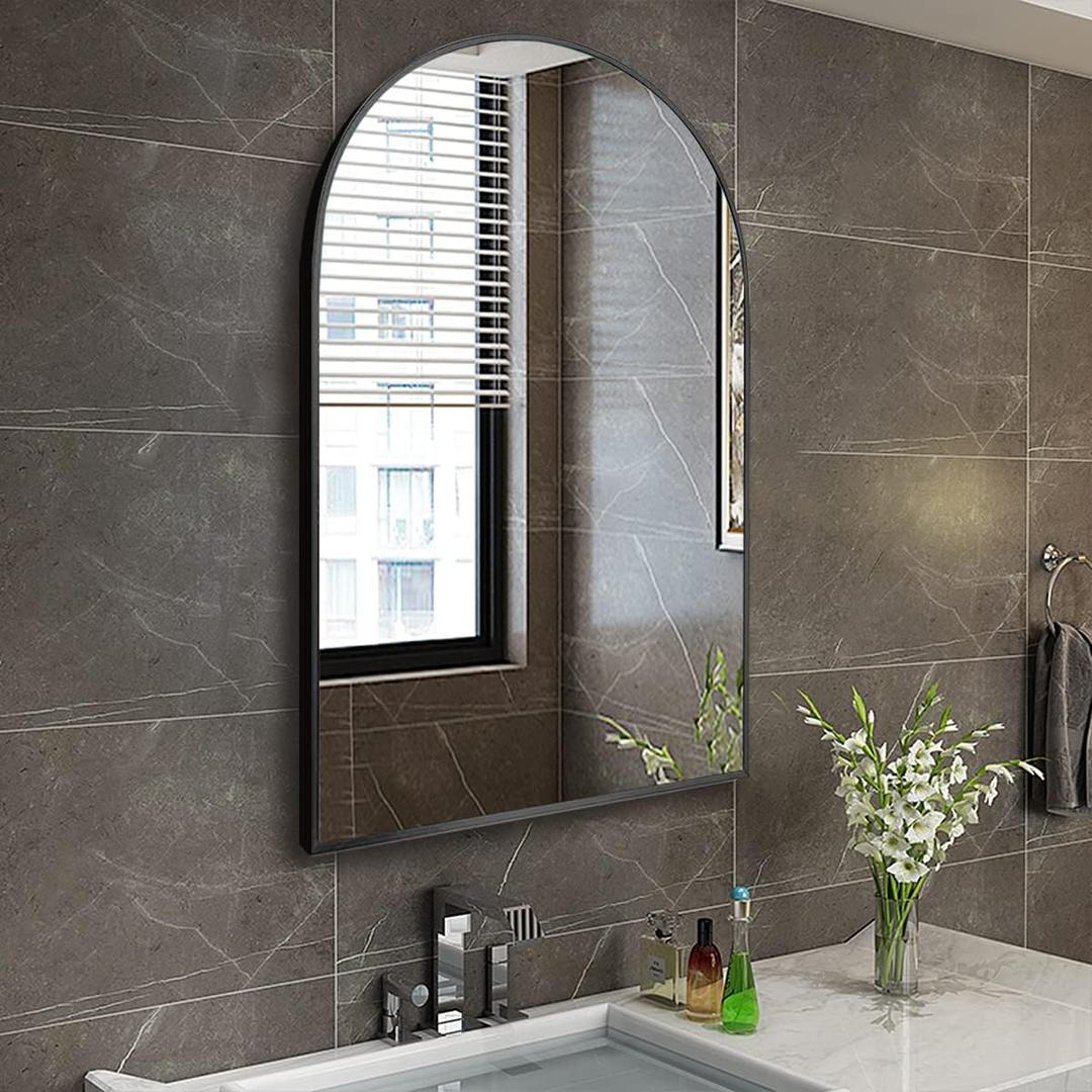 TinyTimes 26"x38" Arched Wall Mirror, Vanity Mirror, with Metal Frame, for Bathroom, Bedroom, Entryway, Modern & Contemporary Wall Mirror - Black
