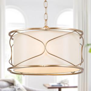 Gold Drum Chandelier, Modern 3-Light Pendant Lighting Fixture with White Fabric Shade for Dining Room, Bedroom, Living Room, Kitchen and Foyer