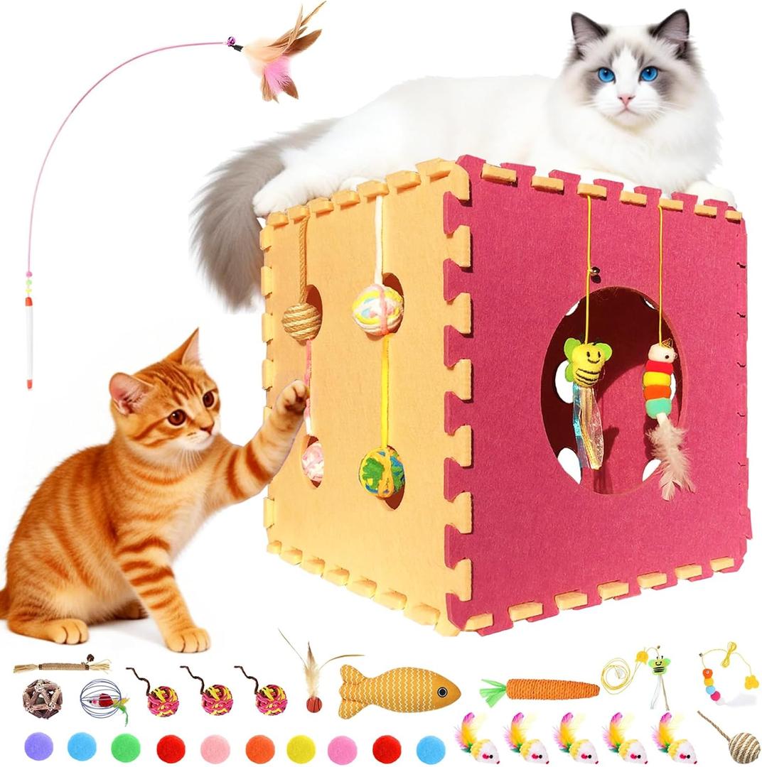 Larger-Size Interactive Cat Toys Cube Set, 30 Pcs Puzzle Box with Cooling Mat, Cat Wand, Feather Wand, Catnip, Bells & Balls for Indoor Cats