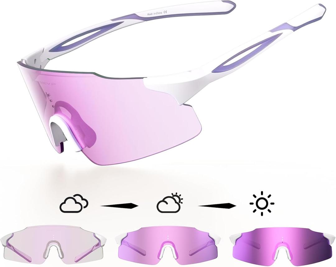 WGKVP Photochromic Running Glasses for Women and Man, with UV400 Protection Lightweight Wraparound Sports Glasses for Running & Outdoor Training (White Purple)