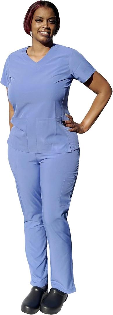 YOGAFLEX Soft & Stretchy Scrub Set for Women. Regular & PETITE. 2-Pocket Top and 5 Pocket Pants. Modern Fit. (XX-Large Petite, Ceil Blue)
