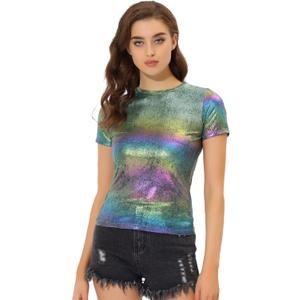 Allegra K Women's 80s Disco Outfit Party Club Sparkly Rainbow Metallic Top (Green), XS