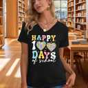100 Days of School Shirt Teacher Happy 100th Day of School Graphic T-Shirt Casual V Neck Short Sleeve Tee Tops (Black, XL)