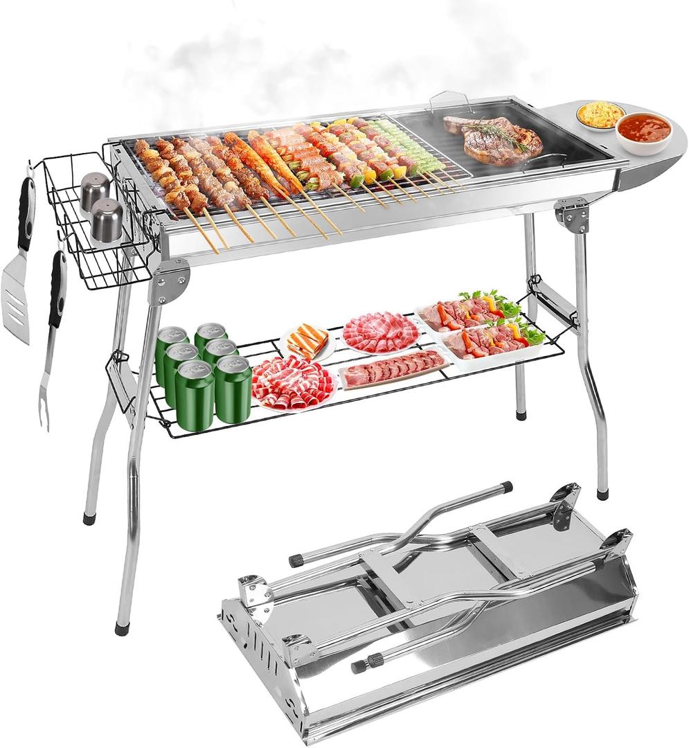 Portable Charcoal Grill, Large Outdoor BBQ Grill with Storage Shelf