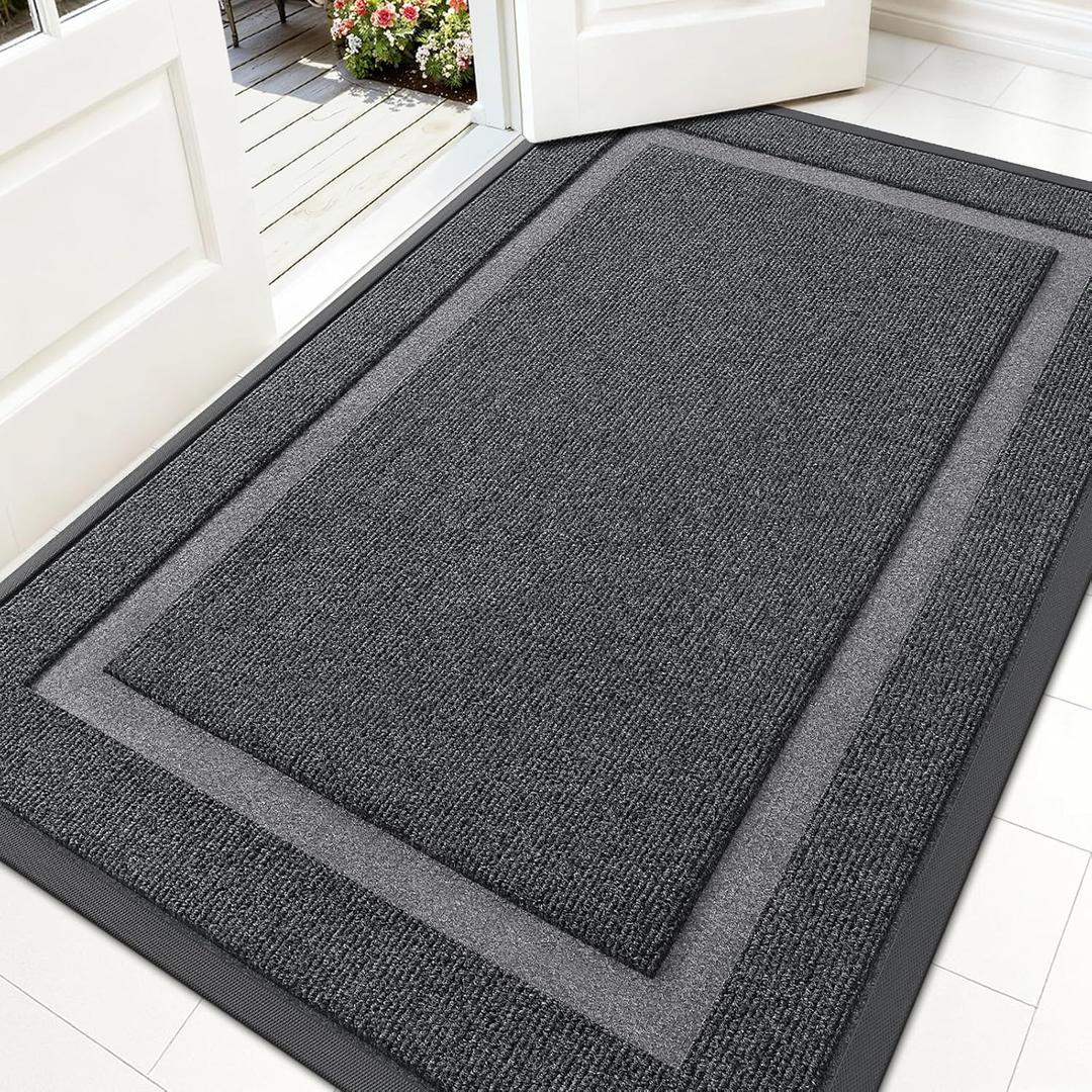 OLANLY Front Door Mat Indoor Outdoor Entrance, Waterproof All-Season, All-Weather Doormat, Sturdy Natural Rubber, Fade Resistant, Low Profile, Easy Clean Patio Porch Entryway Mat, 59x35, Grey