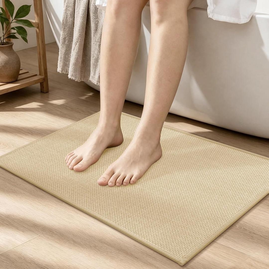 Bathroom Rugs Mat 24x17, Ultra Thin Non Slip Bath Mat Small Quick Dry Absorbent Bath Mat for Bathroom Floor, (Light Beige, 24"x17")