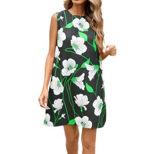 Women's Summer Sleeveless Floral Mini Shift Dress Cotton Linen Tank Dress | Classic Crewneck; Chic Floral Print; Back Zipper Closure; Perfect for Parties (Black, L)