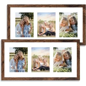 10x20 Picture Frame Set of 2, Display 3 Pcs 5x7 Picture Collage with Mat or 10 x 20 without Mat, Three 5x7 Picture Frame Collage for Wall Hanging, 5 by 7 Multi Frame, 2 Pack, Deep Brown