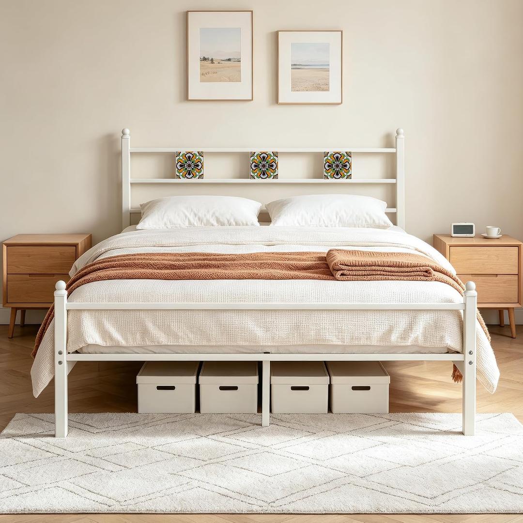 Full Metal Bed Frame with Ceramic Tile Decor Headboard