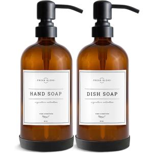 Vine Creations Amber Glass Soap Dispenser, 2 Pack Kitchen Soap Dispenser Set with Stainless Steel Pump, 16 oz Dish Soap and Hand Soap Dispensers for Bathroom with Waterproof Labels (Amber Bottle / Matte Black Pump)