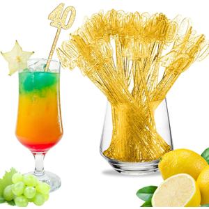 100 Pcs 40th Birthday Drink Stirrers Gold Glitter Cocktail Stirrers Plastic Swizzle Sticks 7.5 Inch Fall Birthday Cupcake Toppers Sticks Bulk for Coffee Bar Cake Pops Christmas Party Favor