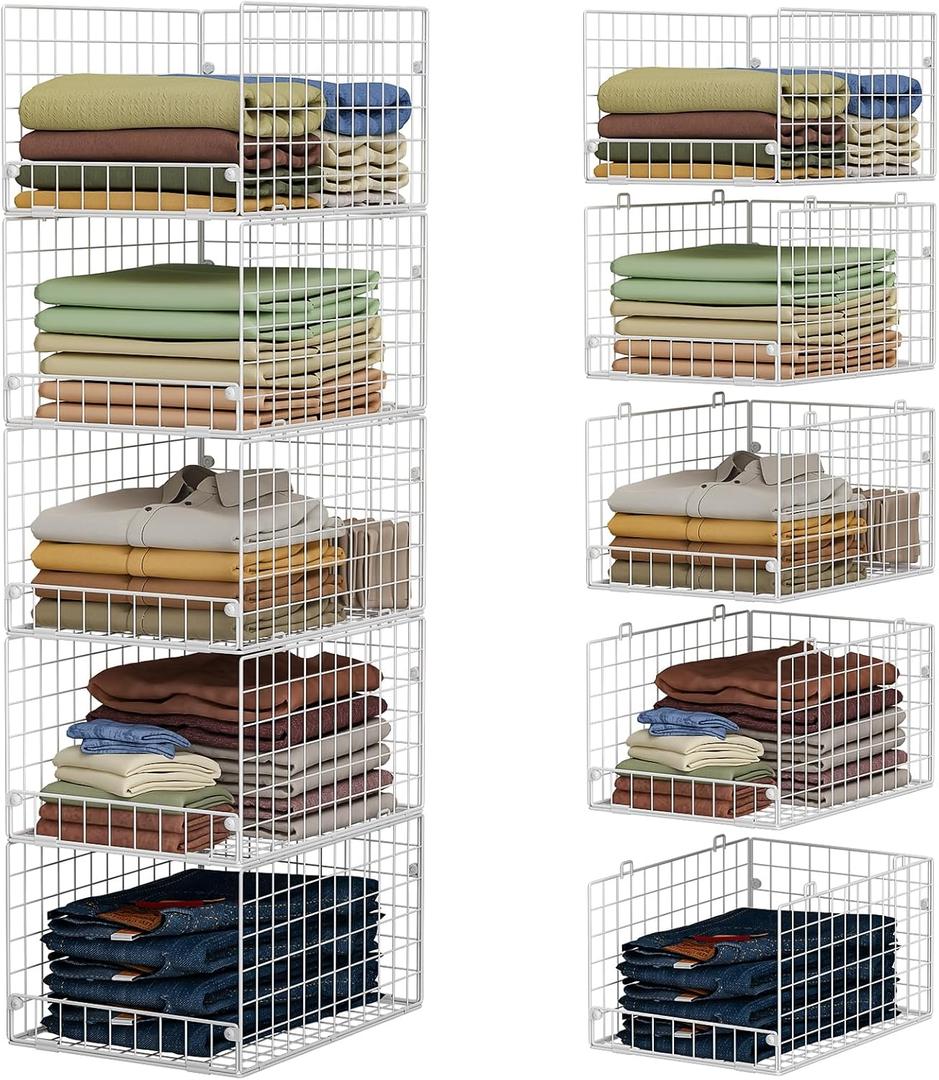 5-Tier Stackable Closet Storage Shelves, Closet Organizers and Storage Basket, Foldable & Stackable Clothes Organizer for Closet Organizer System,Space-Saving Closet Storage Shelf for Home ,White