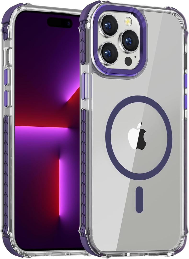 DEERLAMN Strong Magnetic Case for iPhone 15 Pro Max 6.7-Inch,[Compatible with Magsafe][Military Grade Drop Protection] Clear Slim Shockproof Protective Phone Cover-Transparent+Purple