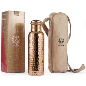 Pure Copper Water Bottle 34 Ounce with Jute Carry Bag  Hammered Leakproof Ayurvedic Copper Vessel for Drinking Water - Reusable Bottle for Home, Office, Gym, Travel & Gifting