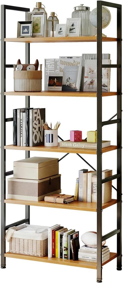 Sweetcrispy Book Shelf, 5 Tier Bookcase, Modern Tall Bookshelf for Garage Kit, CDs, Movies, Industrial Corner Storage Organizer for Bedroom Home Office Kitchen Living Room, Wood