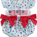 Ayalinggo 4th Of July Baby Girl Outfits Usa Flag Embroidery Newborn Infant Smocked Bubble Romper Memorial Day Clothes (Blue)