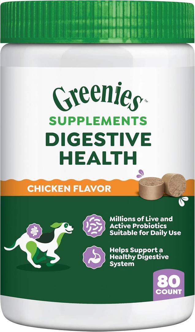 Greenies Supplements Digestive Health Probiotics for Dogs Chicken Flavor, 15.6 oz. Tub of 80 ct.