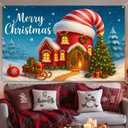 Christmas Banner 71x43 Inch Candy House Holiday Backdrop with Tree Gifts Snowflakes Red Winter Background for Indoor Outdoor Party Photography Seasonal Decoration