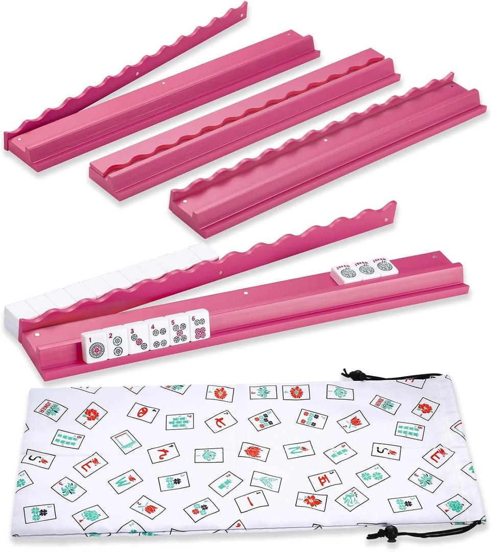 4PCS Mahjong Racks with Pushers, Wooden American Mahjong Tile Pushers and Racks Set of 4, with White Printed Mahjong Racks Drawstring Bag, Mahjong Accessories (19.68 Inches)