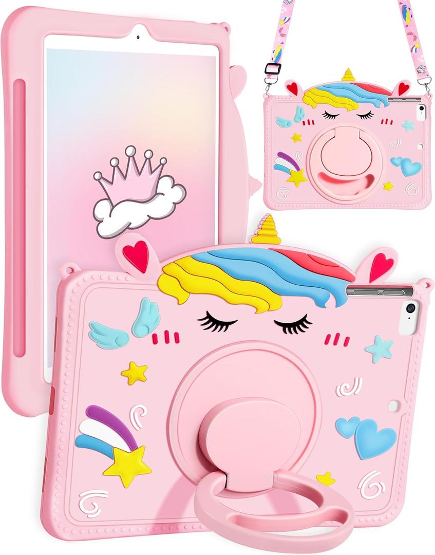 for iPad Mini 5th/4th Generation Case - 7.9 Inch Mini 4/5 Gen Case with Pen Holder Cute Cartoon Unicorn Silicone Tablet Cover with Rotating Stand & Strap Girly Teens Girls Funda