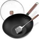Carbon Steel Wok - Including Glass Cover and Steel Spatula, 13-Inch Woks & Stir-Fry Pans for Induction, Electric, Gas Stoves