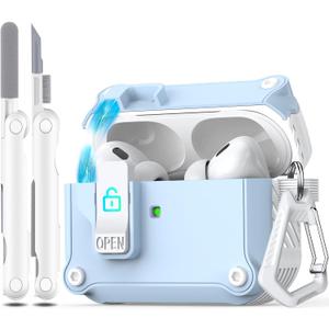 R-fun Compatible with AirPods Pro 2nd Generation 2023(USB-C),2022(Lightning Cable),1st Gen 2019 Charging Case, Full Drop Protection Auto Pop-Up Lid Design with Cleaner Kit,White/Sky Blue
