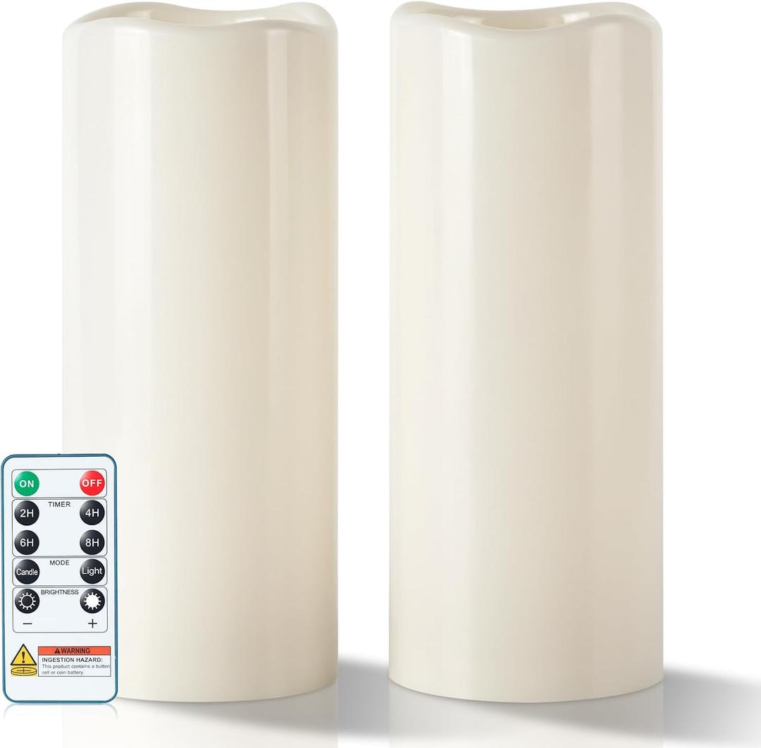 5plots 4"10" Large Outdoor Waterproof Flameless Candles Ivory White with Timer & Remote, Battery Operated LED Flickering Pillar Candles for Patio Porch Halloween Christmas Lantern, Set of 2