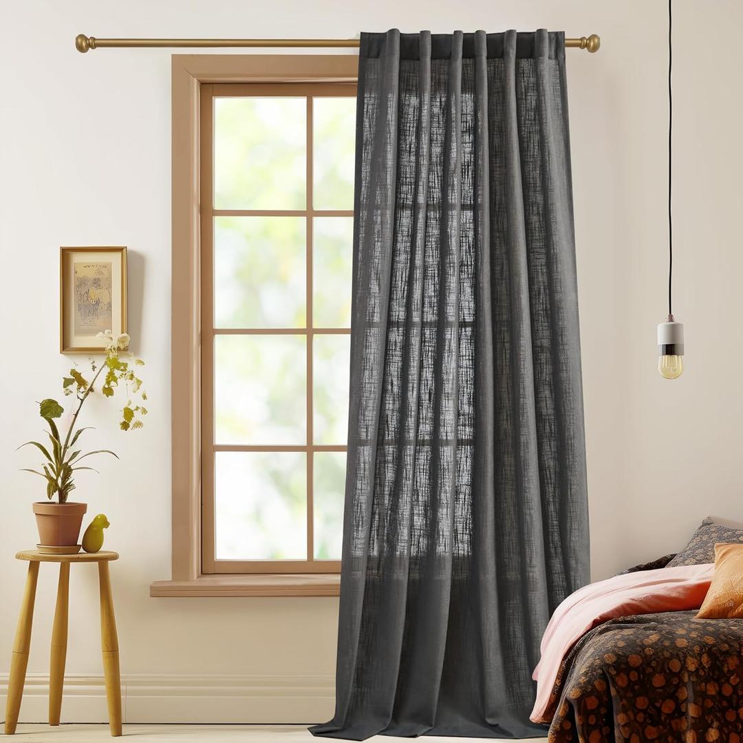 Deconovo Extra Long Back Tab And Rod Pocket Sheer Curtains For Bedroom, Solid Faux Linen Textured Curtains For Living Room, 52 Inch Width Semi Transparent Curtains For Studio 1pc,52x107 Inch Dark Grey