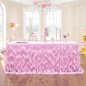 Leegleri 14ft Pink Tutu Table Skirt Tulle Curly Willow Table Skirt for Rectangle & Round Table, Tutu Ruffle Tablecloth for Princess Girls 1st Baby Girl Birthday Party, Baby Shower Decoration, Gender Reveal
