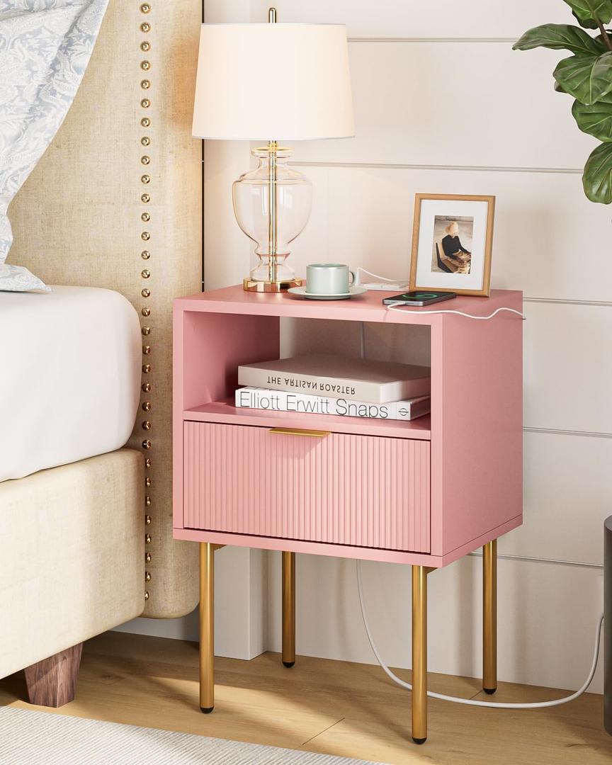Masupu Nightstand with Charging Station,Mid-Century Modern Bedside Table with Storage Drawer and Open Wood Shelf,Small Gold Frame Side Table for Bedroom,Living Room (Pink)