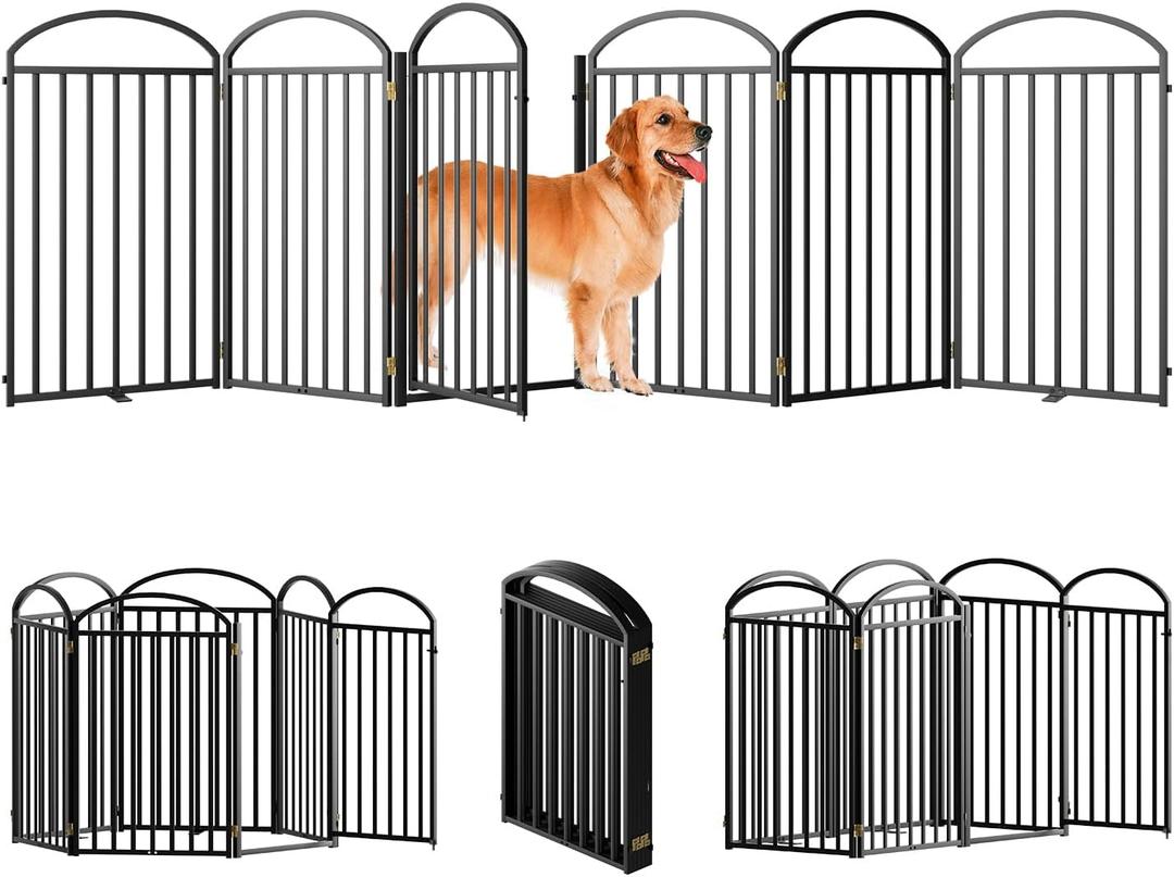 6 Panels Full Matel Freestanding Dog Gates with Door, 144"Extra Wide 36"Tall Free Standing Dog Pet Gate for Indoor & Outdoor. Foldable Pet Fences for Doorways, House, Stairs, Porch, Deck, Yard (Black)