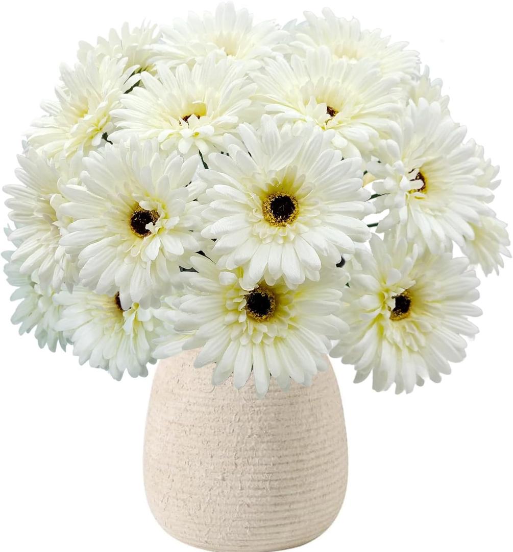 20 Pcs Fake Silk Gerbera Daisy Artificial Flowers with Stems Faux Daisies Flower Bulk for DIY Art Crafts Home Wedding Party Vase Centerpieces Tables Garland Wreath Decoration (White)