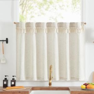 jinchan Linen Kitchen Curtain with Tassels 36 Inch Boho Tier Curtain Beige Farmhouse Cafe Light Filtering Small Window Drape for Bathroom Laundry Room RV Rod Pocket Back Tab 1 Panel Crude