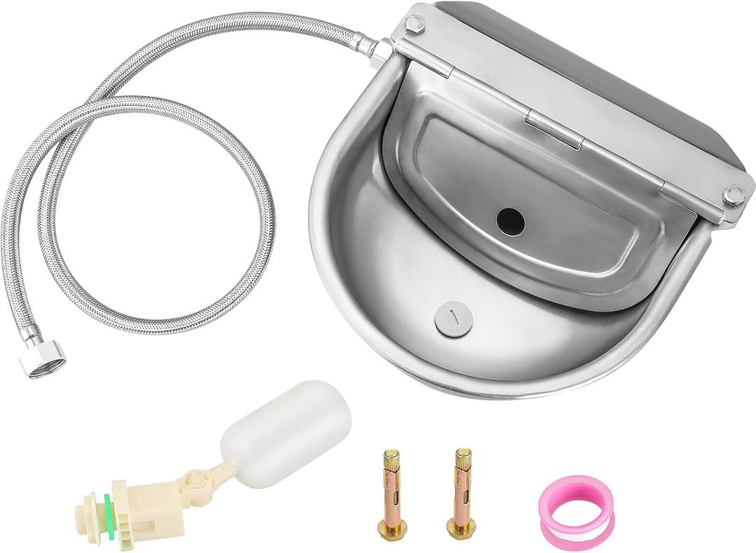 MAOPINER Stainless Steel Water Dispenser for Dog, Dog Drinking Water Bowl, Water Trough Waterer Dispenser for Livestock, Self-Filling Trough with Float Valves and Pipe Hose (with Drain Hole)