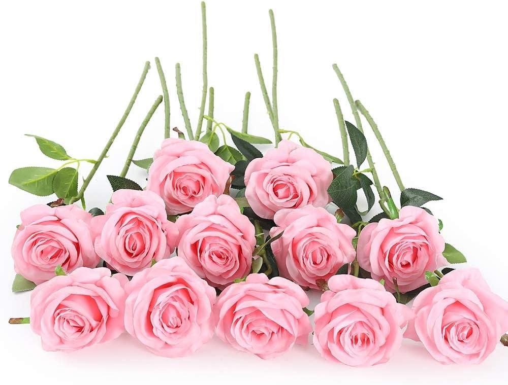 Laelfe 12 PCS Artificial Flowers Pink Roses Fake Silk Flowers Long Stem Artificial Roses for Home Wedding Decorations (Pink)